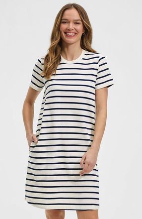 Lands End Cotton Jersey Crew Neck T Shirt Dress in Ivory/deep Sea Spaced Stripe at Nordstrom, Size X-Large