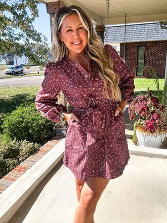 Very J Denim Floral Button Down Mini Dress In Wine