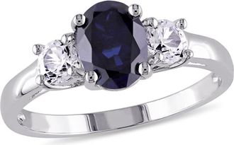 Amour Oval Cut Created Blue and Created White Sapphire 3-sTone Ring In Sterling Silver