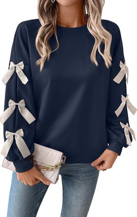 Generic Womens Jumpers Long Sleeve Crewneck Pullover Sweatshirts with Ribbon on Sleeves Casual Loose Fit Fashion Ladies Top Navy M