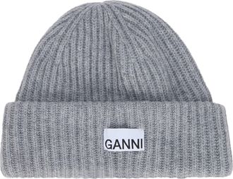 Ganni A4429 Ribbed Wool-Blend Beanie - Gray