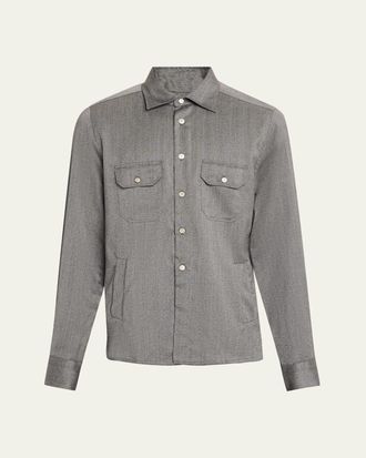 Kiton Mens Cashmere Herringbone Flap-Pocket Overshirt