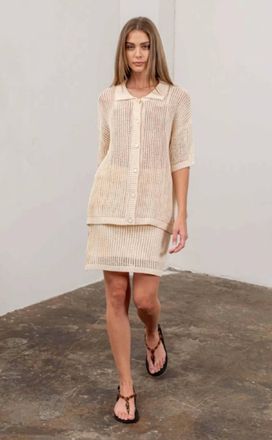 Moon River Crochet Knit Short Sleeve Cardigan In Cream