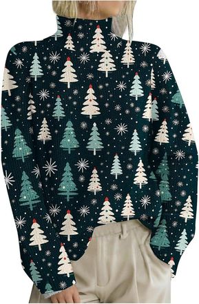Generic Christmas Jumpers for Women UK Casual High Neck Christmas Sweater Fall Winter Elegant Funny Xmas Tree Snowflake Reindeer Printed Chunky Knitted Jumper