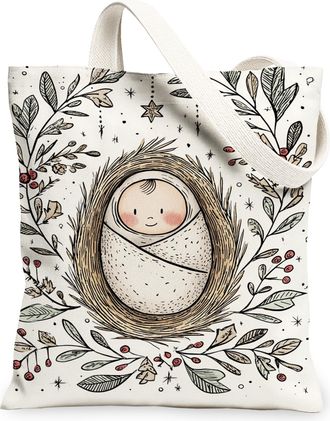 Generic Winter Nesting Canvas Tote Bags, Cute Baby Bird Design Reusable Grocery Bags, Lightweight Washable Shoulder Strap Canvas Fo, White, 13x15 Inch