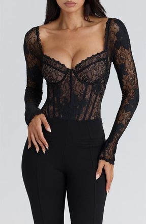 House of CB Aneira Long Sleeve Lace Corset Top in Black at Nordstrom, Size X-Small A