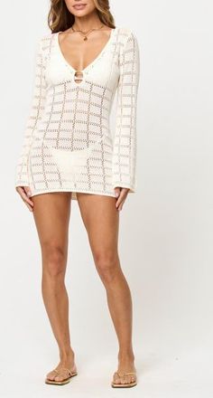 L*Space Jessa Long Sleeve Open Stitch Cover-Up Minidress in Cream at Nordstrom, Size X-Large
