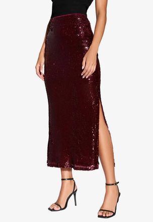 Blu Pepper Sequin Midi Skirt With Side Slit In Red