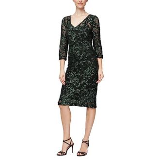Alex Evenings Sheath Dress Black Green Sequin Details V-Neck JZZ473