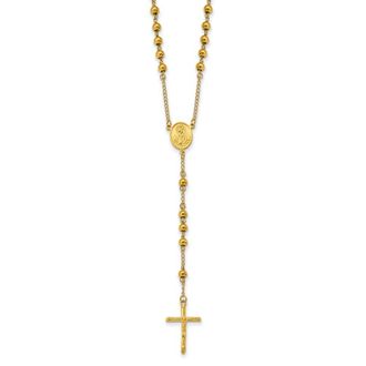 Diamond2Deal Stainless Steel Polished Yellow plated Beaded Rosary Cross Necklace 30