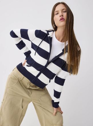 Twik Womens Hooded striped zip-up Cardigan Sweater