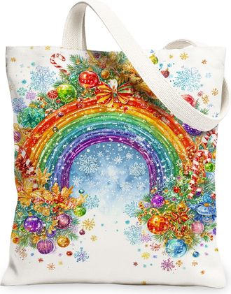 Generic Christmas Rainbow Canvas Tote Bags, Colorful Floral Design Reusable Grocery Bags, Vintage Washable Shoulder Strap Canvas Fo, White, 13x15 Inch