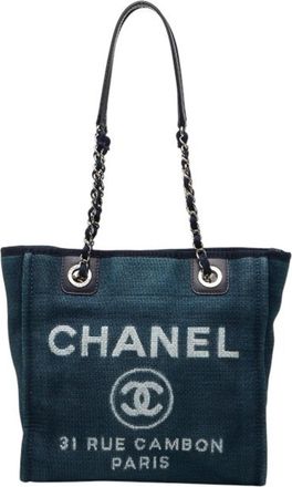 Chanel Deauville Navy Canvas Leather Shoulder Bag Tote Bag (Pre-Owned)