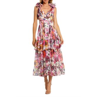 Mac Duggal Ruffle Tiered Cut-Out Floral Chiffon Dress in White Multi at Nordstrom, Size 12