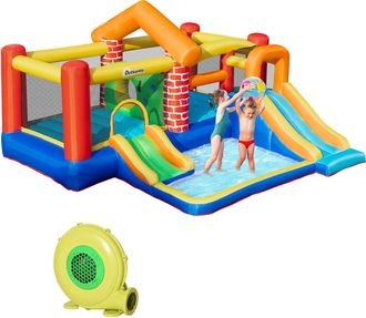 OUTSUNNY Castillo Hinchable Con 2 Toboganes 2 Camas De Salto Y Piscina Para Ni&ntilde;os +3 A&ntilde;os Incluye Inflador Y Bolsa Para Interior Exterior 380x370x230 Cm