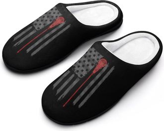 Generic Lacrosse Stick Flag U.S. Flag Fashion Cotton Slippers for Women Memory Foam House Slippers Non-Slip House Bedroom Shoes