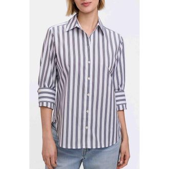 Foxcroft Meghan Stripe Cotton Blend Button-Up Shirt in Black/White at Nordstrom, Size X-Large
