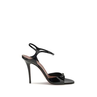 Amina Muaddi Black Calf Leather Bos Taurus Stiletto Heel Womens Sandals