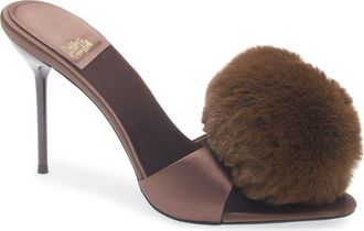 Jeffrey Campbell Shopaholic Faux Fur Pom Slide Sandal in Brown Satin Combo at Nordstrom, Size 7.5
