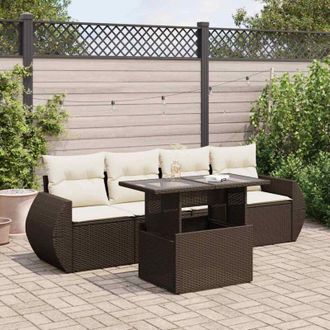 vidaXL Set Comedor De Jard&iacute;n 5 Piezas Y Cojines Rat&aacute;n Sint&eacute;tico Marr&oacute;n Vidaxl