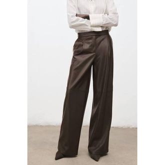 Mango imitatieleren wide leg regular waist broek bruin