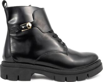 Sergio Moretti Casual Zwarte Enkellaarsjes - Dames - Veterlaarzen - Zwart - 41 EU - Leer - Schoenen