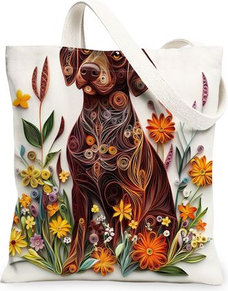 Generic Paper Quilling Shorthaired Pointer Dog Canvas Tote Bag for Shopping 13x15, Fun Wildflower Puppy Reusable Grocery Print Pattern Bag for Women, Pet Beac