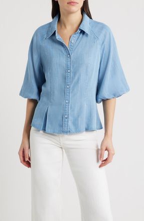 Wit & Wisdom Bubble Sleeve Flare Button-Up Chambray Top in Light Blue at Nordstrom, Size X-Small