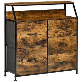 HOMCOM Bedroom Chest of Drawers - Industrial 5 Fabric Drawer Dresser with Open Shelf for Living Room - Rustic Brown | TJ Hughes Green