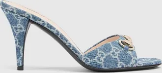 Gucci Womens Slide Sandal With Horsebit, Blue, Fabric