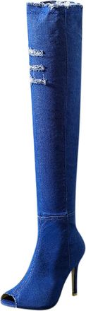 Generic Womens Over Knee High Boot Size 5.5 Thigh High Boot Long Tall Stretch Peep Toe Over The Knee Boots Stiletto Heel Jeans Long Boot Denim Over The Knee B