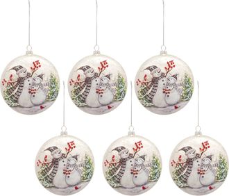 Melrose International Whimsical Snowman Disc Ornament with Snowy Cardinal Scene (Set of 6) - White; Green