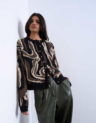 Topshop Cardigan marrone in maglia con motivo animalier