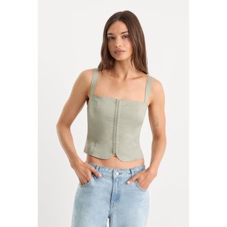 Good American Womens The Linen Corset Top | Mosswell, Size Medium | Good American by Khlo&Egrave; Kardashian