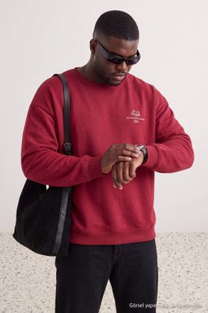 Trendyol MAN Heren Bordeaux Slogan Lang Oversized Grote maten Sweatshirts