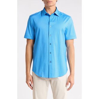 Bugatchi Micro Dot Print Stretch Cotton Short Sleeve Button-Up Shirt in Classic Blue at Nordstrom Rack, Size X-Large