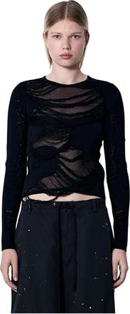 Maison Margiela Gedistresseerde Gebreide Trui - Dames - Longsleeves - Zwart - L - Katoen - Tops