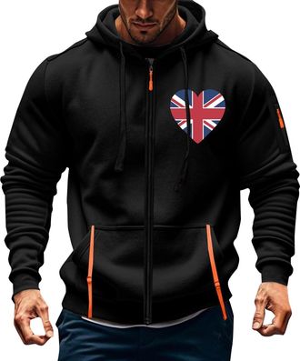 Generic Mens England UK Flag Style Stylish Loose Fit Drawstring Pockets Hoodie Hooded Hood Sweatshirts Printed Zip-Up Hoodie Long Sleeve Casual Comfortable Po
