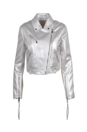 Patrizia Pepe Patrizia Pepe Womens Metallic Silver Cropped Biker Jacket - Light Grey - Size EU 42 (Womens)