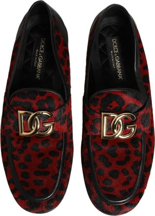 Dolce & Gabbana Mens Red Leopard Print Pony Hair Dress Loafers Shoes Calf Fur
