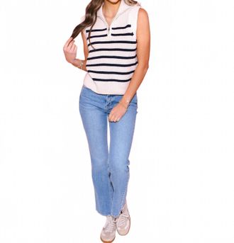 English Factory Stripe Half Zip Up Sleeveless Knit Top In White