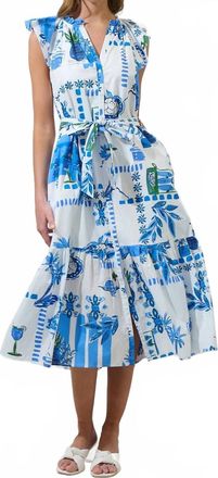 Sugarlips Sosy Postcard Charlotte Button Midi Dress In White Blue Grn