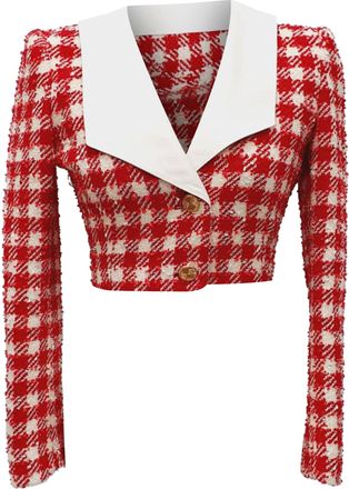 Alessandra Rich Checkered Tweed Cropped Jacket in Red Wool