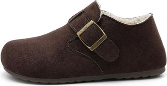 Generic Womens Winter Fuzzy Suede Slippers Cozy Memory Foam Wide Barefoot Slip-On Mules with Adjustable Buckle, Warm House Shoes Potato Shoes for Indoor Outdo