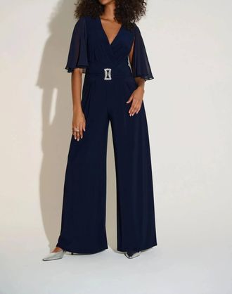 Joseph Ribkoff Ruched Flutter Cape Sleeve Jumpsuit In Midnight Blue