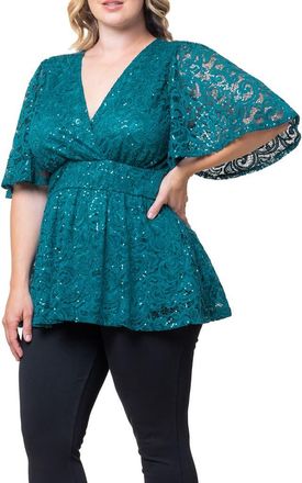 Kiyonna Stardust Sequin Lace Peplum Top in Teal Topaz at Nordstrom, Size 0X