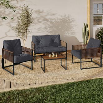IDMarket Conjunto De Muebles Bajos De Jard&iacute;n Rio Estructura De Acero Y Polyrotinen 4 Plazas Con Cojines Grises