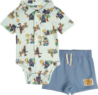 Star Wars 2-Piece Button Down Shirt and Shorts Set in Mint Blue Vader Chewie at Nordstrom, Size Newborn