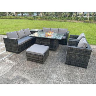 Fimous Fimous 9 Seater Outdoor Rattan Garden Furniture Gas Fire Pit Table Sets Gas Heater Lounge Chairs Dark Grey Big Footstool