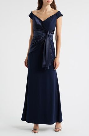 Eliza J Mixed Media Off the Shoulder Gown in Navy at Nordstrom, Size 8